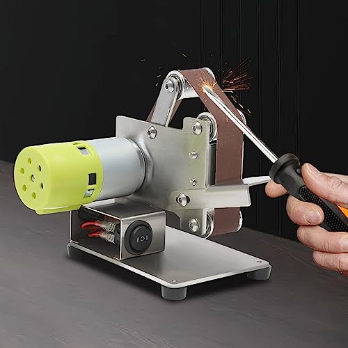 Mini Bandschleifer mit 10 Schleifbändern und Polierscheibe, 150 W Messerschärfer Poliermaschine, 7 Gänge Geschwindigkeitsregulierung, Max.10000 RPM, 15 x 14 x 13cm