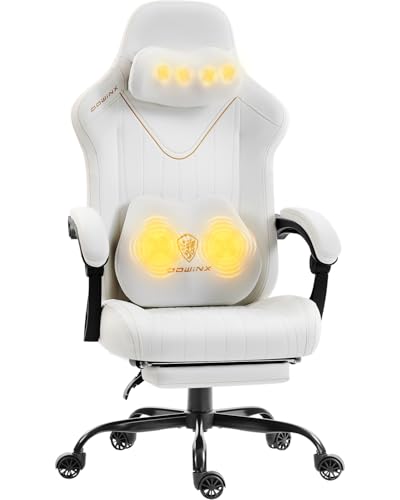Dowinx Gaming Stuhl mit Massagefunktion, Ergonomisch Gestaltet Gaming Sessel mit Lendenwirbelstütze und Nackenstütze,Gaming Chair bis 135 kg Höhenverstellbar, Leder Geeignet für Erwachsene,Weiß