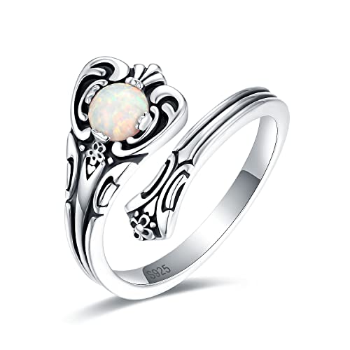 S925 Sterling Silver Opal Spoon Boho Wrap Vintage Promise Ring