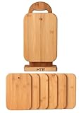 HTB 6 Piece Bamboo Cutting Board Sets with Stand Holder for Choppping Cheese, Sandwich, Fruit