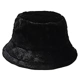 Winter Plush Fuzzy Bucket Hat Fluffy Faux Fur Fisherman Hats for Women (Black)