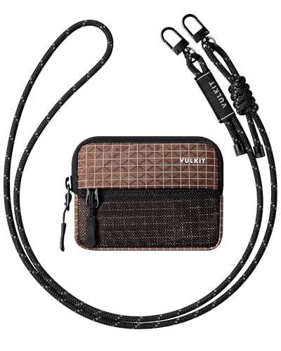VULKIT Small Wallet Coin Purse with Adjustable Lanyard, RFID Blocking, Minimalist Style, Coffee Brown