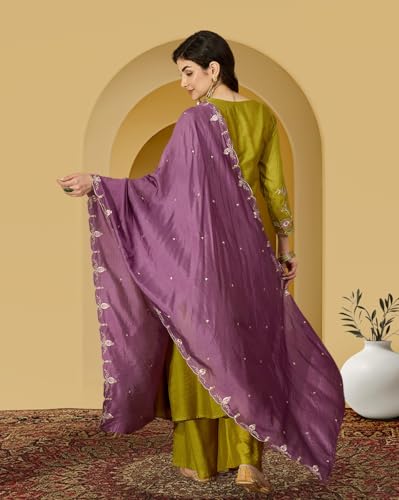 Image of Amazon Brand - Tavasya Women Cotton Blend Zari Sequin Thread EmbroideKurta Set with Palazzo and Dupatta for Daywear