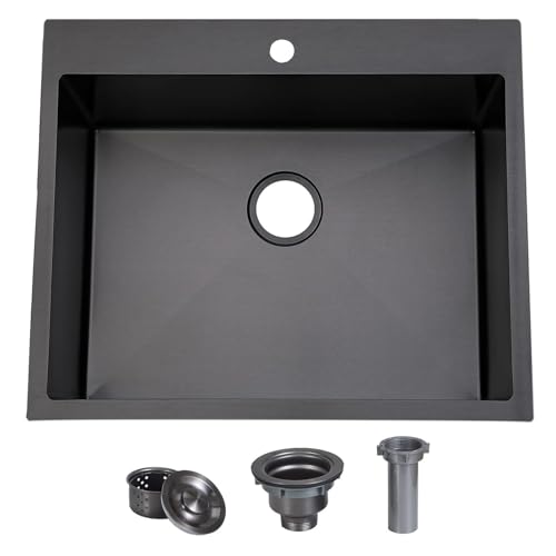 Image of SHACO 25x22 Black Drop In Kitchen Sink, 25 Inch Gunmetal Black Topmount Single Bowl 16 Gauge Stainless Steel Sink for Bar Prep RV Laundry Utility Small Kitchen
