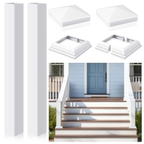 Juexica 2 Sets 5 x 5 x 39 Inch White Vinyl Post Kit Include Post Sleeve, Top Caps and Skirts Wraps for 3.5-3.8 Inch Porch Deck Patio Columns