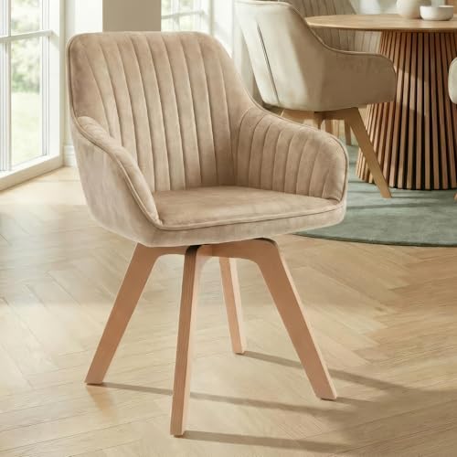 Riess Ambiente Drehbarer Design Stuhl Livorno Champagner Greige Samt Buchenholz Beine Esszimmerstuhl Küchenstuhl