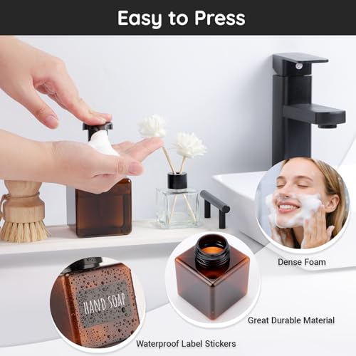 Image of Segbeauty 8.5oz Foam Amber Soap Dispenser Set, 2pcs Refillable Foaming Shampoo Bottle with Pump, 250ml Square Bathroom Body Wash Bottles Foamer with Labels, Small Plastic Liquid Soap Dispenser Kitchen