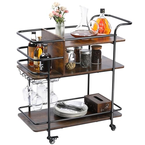 TQVAI Home Bar Serving Station, 3-Tier Coffee Snack Beverage Cart with Wheels, Rolling Wine Bar Cart with Wine Rack and Glass Holder, Black/Antique