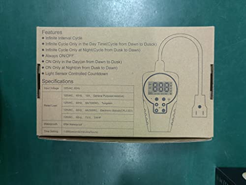 Techbee 1 S To 999 H Short/Long On-Off Interval Repeat Cycle Timer Plug Outlet With Countdown And Light Sensor, Waterproof For Outdoor (15A 1Hp) #TOP7