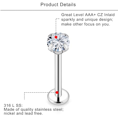 Lcolyoli 16G Tragus Labret Medusa Piercing Jewelry Internally Threaded Stainless Steel Conch Piercing Jewelry Monroe Lip Rings Different Size Cartilage Nail Helix Earring Stud Bar Length 6mm 8mm 10mm3