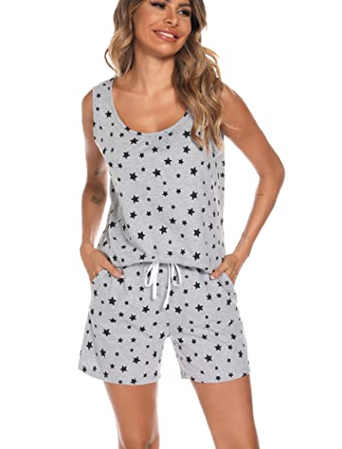 Enjoynight Women's Pajamas Set Sleeveless Tee And Shorts Sleepwear Tank Top Pjs Set With Pockets(Grey Star,X-Large) #TOP3