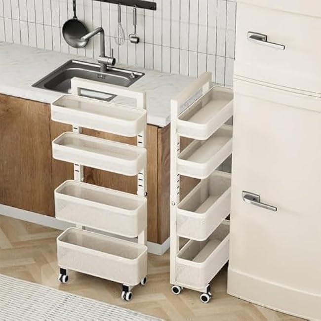 ?Narrow Storage Cart Kitchen Storage Rack Slim Shelf with Wheels Removable Organizer for Kitchen Living Room Space Saver(4 Tier)-A33VhMuI