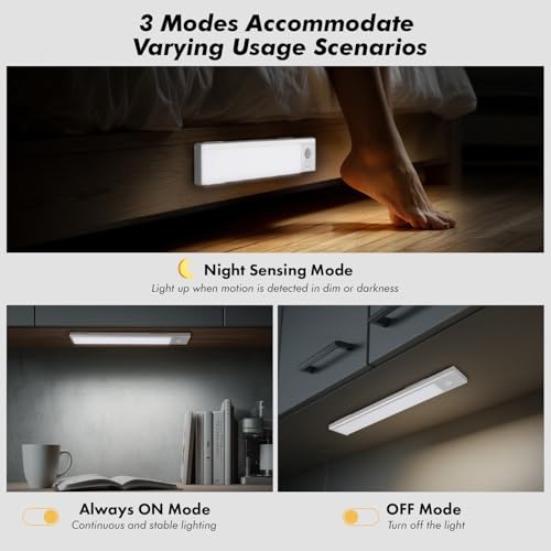 Image of 2 Pack Under Cabinet Lighting, 3 Colors & Dimmable Motion Sensor Light Indoor, 900mAh Rechargeable Under Cabinet Lighting Magnetic for Kitchen, Stairs, Closets, White(ABS+PC)