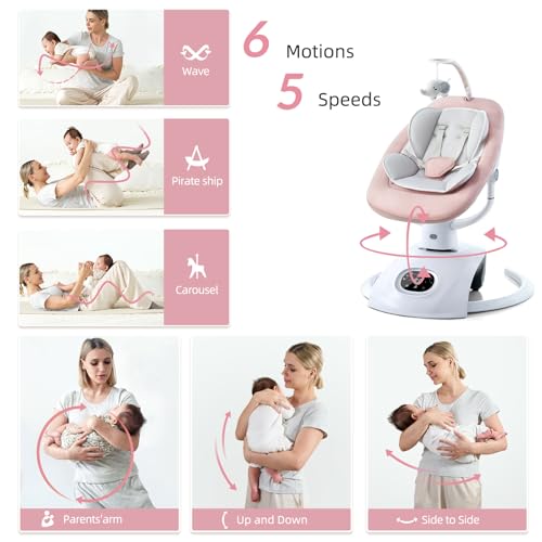 Image of VaVaSoo Electric Baby Swing for Infants 6 Motion Automatic Baby Swings Newborn Baby Rockers and Bouncers for Baby Girl & Boy with Remote Control, 5 Speed, 13 Melodies (Pink)