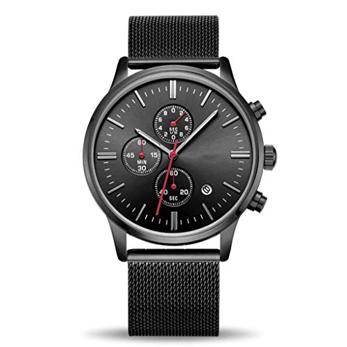AQWWHY Reloj de Cuarzo cronógrafo Business para Hombres con Banda de Malla de Acero Inoxidable y cronógrafo Luminoso cronógrafo automático. (Color : Black)