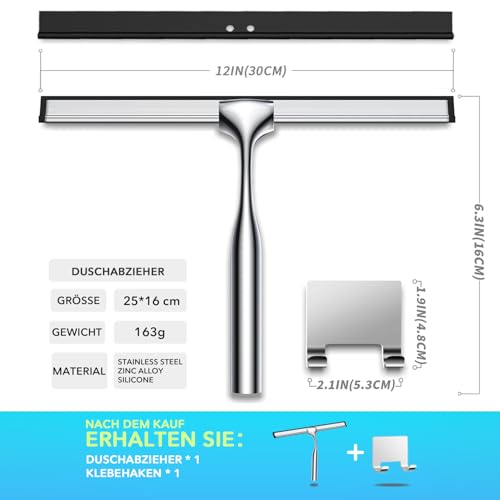 Image of 12 inch Short Handle Shower Squeegee for Glass Doors with Adhesive Hook and Replacement Blade, Stainless Steel Bathroom Squeegee for Shower Glass, Water Scraper for Tile Wall Car Mirror Door (Sliver)