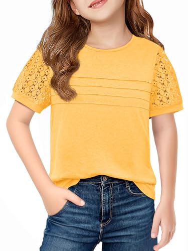 Haloumoning Girls Short Sleeve T Shirts Kids Summer Lace Crewneck Tops Fashion Pleated Tees 5-14 Years