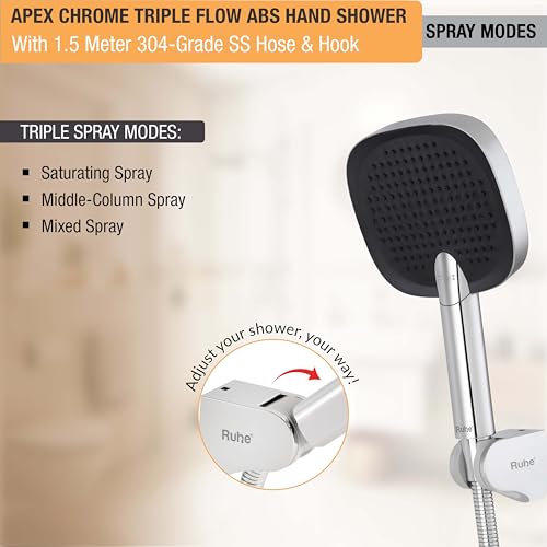 Image of Ruhe Apex Multi-Functional Triple-Flow Modes ABS Hand Shower with 1.5 Meter 304-Grade Stainless Steel Hose & Hook - Chrome Finish