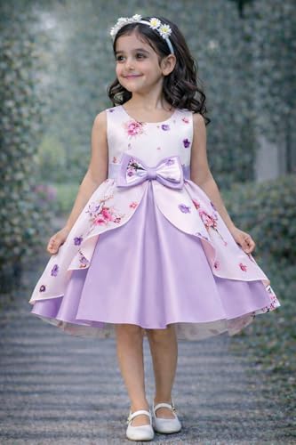 Image of Buy & Try Girl's Satin Floral Printed Frock Knee Length Short Frocks Dress.