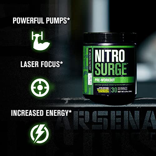 Nitrosurge Pre Workout Supplement - Endless Energy, Instant Strength Gains, Clear Focus, Intense Pumps - Nitric Oxide Booster & Powerful Preworkout Energy Powder - 30 Servings, Green Apple #TOP2