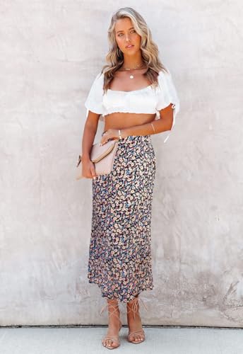 Image of HERBATOMIA Women's Floral Print Midi Skirt Casual High Elastic Waist Zipper Vintage Long Boho Skirts for Women