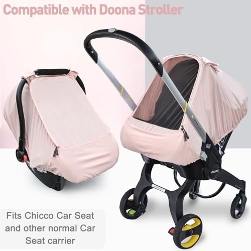 Image of Baby Car Seat Cover,Sunproof Car Seat Canopy for Babies, Extra Large Mesh Window Baby Car Seat Sun Shade Cover, Infant Carseat Covers for Summer /Autumn Use(Pink)