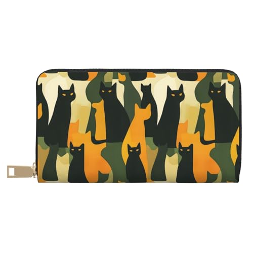 Abstract Cat Print Wallet Women, Leather Bifold Multi Card Wallet, Long Purse Women's Wallets