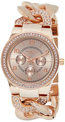 Akribos XXIV Women's Crystal Multifunction Watch - Genuine Crystals On Bezel and Bracelet- 3 Subdials, Day, Date and GMT On Twist Chain Link Bracelet - AK558