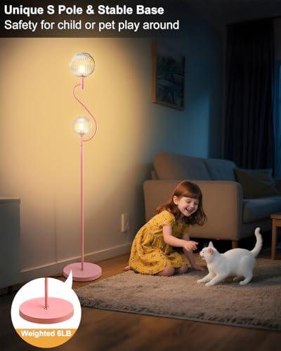 Image of Lightdot Pink Floor Lamp, Mid Century Tall Standing Lamps with Globe Clear Glass Shade Soft Warm White Bulbs Included, Modern Unique Floor Lamp for Living Room /Bedroom /Sofa Beside /Corner Decor