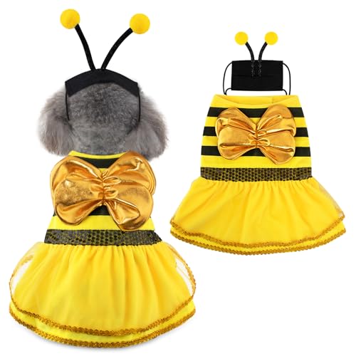 Bee Costume for Dogs & Cats - Bumblebee Dress with Cap for Halloween & Parties