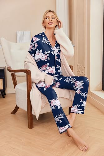 Image of Ekouaer Womens Pajama Sets Long Sleeve Sleepwear Soft Button Down Loungewear Pjs Lounge Set Nightwear,Floral Navy Pink,Medium