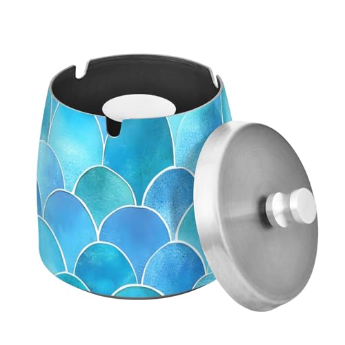 Askfat med havsblå sjöjungfru med lock, vindtät cigarett askfat för aska för utomhus inomhus, rostfritt stål askfat för hemmakontor balkong