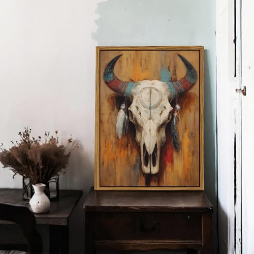 Image of AIYISU Western Cow Skull Wall Art Southwestern Bull Skull Wall Decor Rustic Farmhouse Canvas Prints Boho Longhorn Skull Pictures Western Art Wall Decor for Living Room Office Home Decoration 12x16