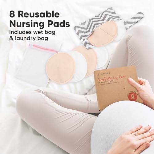 Image of Organic Nursing Pads - 8 Washable Breast Pads for Breastfeeding, Wash Bag, Viscose Derived from Bamboo Reusable Nipple Covers for Breastfeeding Essentials, Soft & Absorbent(Bare Beige, M 4.6 inch)