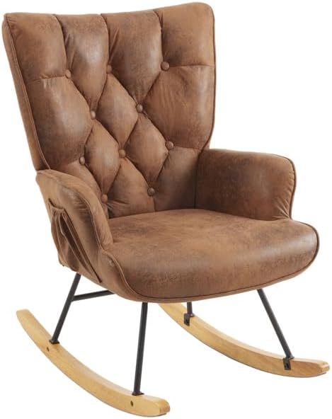 Rocking Chair Nursery, Rocking Chair Glider with High Backrest, Stylish Modern Rocking Accent Chair Glider Recliner for Living Room Nursery Bedroom, Brown
