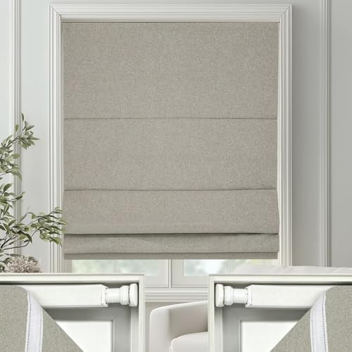 Changshade No Drill Roman Shades Cordless Blinds Blackout for Indoor Windows, Room Darkening Black Out Tension Rod No Hardware No Tools Inside Mount, Shade Size 34 Inches Wide 64 Inches High, Beige