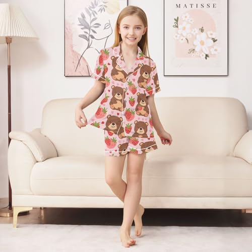 ALAZA Cartoon Strawberry Bear Pajamas Satin Pajama Set Short Sleeve Button Down Sleepwear3