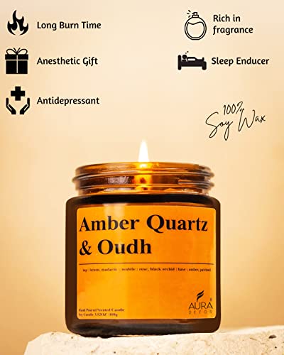 Image of AuraDecor Scented Jar Candle | Handpoured Soy Wax Candle with Long Lasting Burn Time | Premium Amber Jar Aromatherapy Candle | Ideal Gift for Home & Decor (Large, Amber Quartz & Oudh)