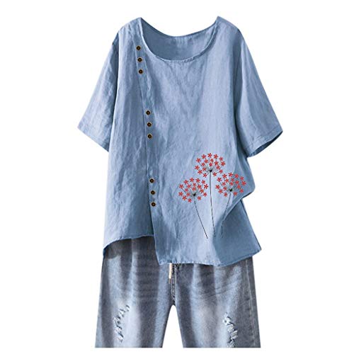 iHHAPY Linen Blouse Women Summer Shirt Loose Tops Print Tshirts Short Sleeve Round