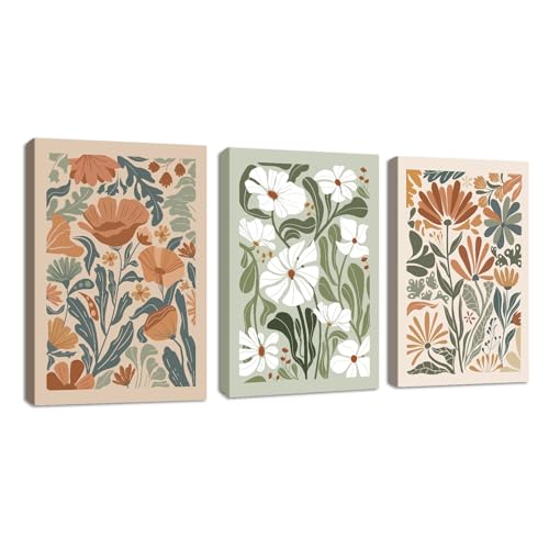 3 Pcs Boho Botanico Floreale Marco de madera Cuadros Decoracion Salon, Verde Beige Fiori di campo Fiore Mercato Cuadro Pintura Lienzos decorativos Dormitorio Comedor Decoración de Pared 40x60cmx3