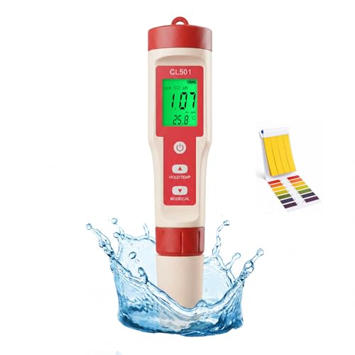 Medidor de Cloro Digital Medidor de Prueba de Agua 5 en 1 Medidor de pH Cl₂ ORP H₂ Temp Probador de Calidad del Agua con Tiras de Prueba de PH y Pantalla Backlit para Piscinas SPA Acuarios Hidroponía