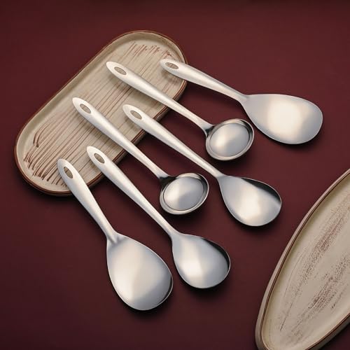 Image of Montavo by FnS 6 Pieces Stainless Steel Serving Spoon Set, 2 Rice Servers, 2 Gravy Ladles, 2 Vegetable Serving Spoons, Mirror Finish Food Grade Serving Cutlery for Home, Kitchen & Dining