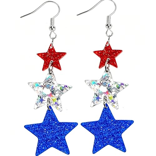 4th of July Patriotic Star Dangle Earrings for Women, Red White Blue USA Star Drop Earrings, Lightweight Festive Jewelry, Summer Party Memorial Day Parade Outfit Holiday Gift Accessories