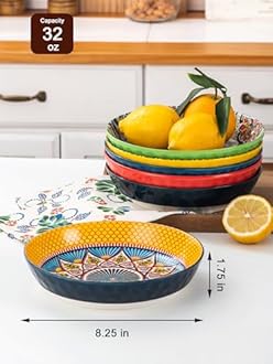 HENXFEN LEAD Pasta Salad Bowls Set of 6, Wide and Shallow Serving Bowls for Kitchen 32 Oz - 8 Inch Porcelain Soup Bowl, Pasta Plates Dishwasher & Microwave Safe - Bohemian style