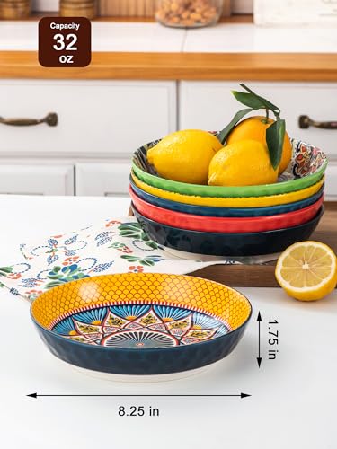 HENXFEN LEAD Pasta Salad Bowls Set of 6, Wide and Shallow Serving Bowls for Kitchen 32 Oz - 8 Inch Porcelain Soup Bowl, Pasta Plates Dishwasher & Microwave Safe - Bohemian style
