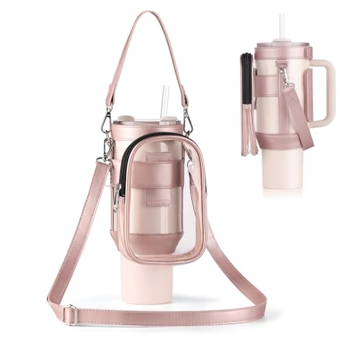 COSHONWOL Clear Water Bottle Carrier Bag with Phone Pocket for Stanley Cup 40oz,with Adjustable Shoulder & Handheld Strap Stanley Cup Accessories Edging for Concert Sports (Pink)