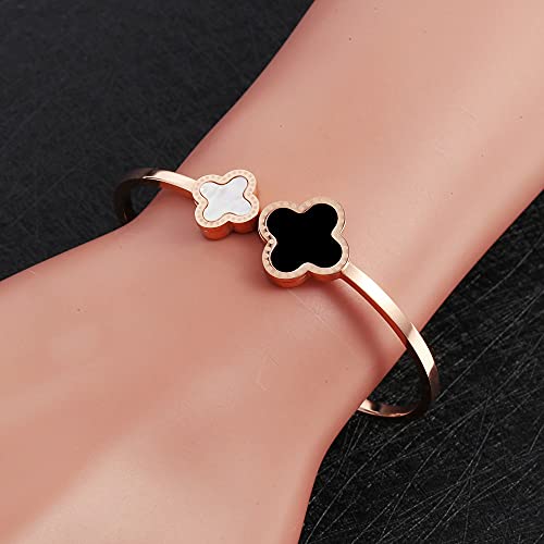 Cfshypd Bracelet Bangle For Women, Black And White Shell Four-Leaf Clover Titanium Steel Bracelets Ladies Wrist Temperament Rose Gold Stainless Steel, Cuff Jewelry #TOP3