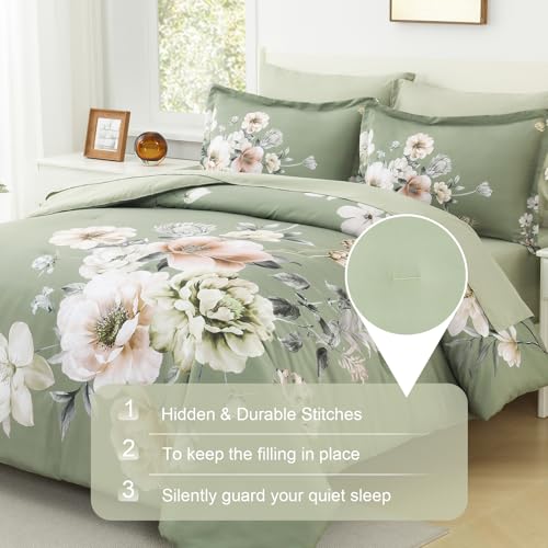 Image of Floral King Size Comforter Set - 7 Piece Botanical Green Flower Bed in a Bag Ulter Soft Microfiber Bedding Set, Lightweight Bed Comforter Set with Sheets for All Season (Green, King)