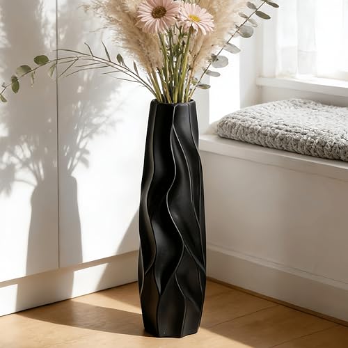 GDSZJLJ Black Ceramic Floor Vase – 15.7" Handcrafted Rustic Tall Vase for Dried Flowers and Branches, Large Decorative Vase for Living Room, Entryway & Home Decor