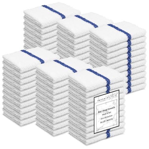 Bar Mops Blue Stripe Pack of 60 Kitchen Towels 16x19 Multi-Purpose for Home, Restaurant and Cleaning White Absorbent Washcloth Dishcloths Sets, Reusable Dish, Cloths Rags